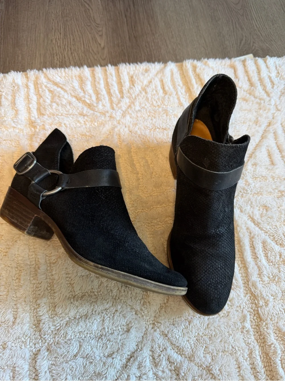 Lucky Brand Black Suede Ankle Booties with Buckle Detail